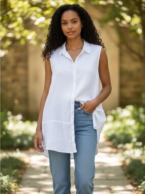 Sleeveless White Button-Front Linen Tunic
